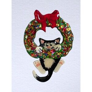 Nancy Van Brunt Tuxedo Cat Christmas Wreath Pin Illustrated Folk Art Brooch